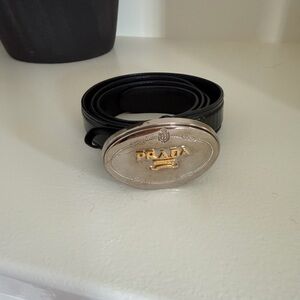 Prada Black Belt with Gold and Silver Buckle